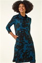 Teal Floral Print Cowl Neck Dress, Image 4 of 5