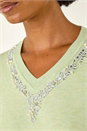 Pale Green V-Neck Sparkly Trim Jumper, Image 5 of 5