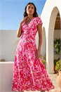 Pink Floral Ruched Waist Midi Dress, Image 1 of 4