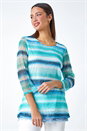 Blue Lace Trim Stripe Mesh Overlay Top, Image 1 of 5