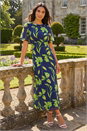 Navy  Leaf Print Back Tie Midi Dress, Image 2 of 4