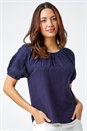 Navy  Cotton Broderie Puff Sleeve Top, Image 2 of 5