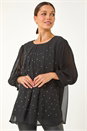 Black Pleated Sleeve Hotfix Detail Top, Image 2 of 5
