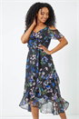 Navy  Petite Cold Shoulder Floral Midi Dress, Image 2 of 5