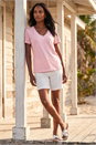 Light Pink Bead Trim Detail V-Neck Top, Image 2 of 4