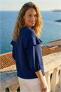 Navy  Frill Front Woven Top, Image 4 of 5
