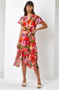 Red Floral Print Asymmetric Midi Wrap Dress, Image 3 of 4