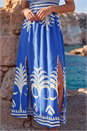 Royal Blue Leaf Print Shirred Bardot Dress, Image 4 of 4