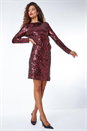 Burgundy Ruched Waist Sequin Dress, Image 3 of 5