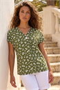 Khaki Floral Puff Print V-Neck Top, Image 1 of 4