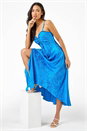 Blue Satin Ruffle Detail Jacquard Midi Dress, Image 5 of 5