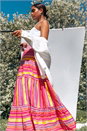 Fushcia Tiered Striped Elastic Waist Maxi Skirt, Image 7 of 7