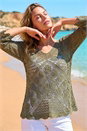 Khaki Crochet Lace V-Neck Open Knit, Image 3 of 4