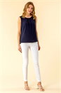 Navy  Lace Back Pleat Detail Chiffon Top, Image 4 of 4