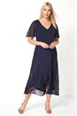 Navy  Spot Chiffon Frill Asymmetric Midi Dress, Image 4 of 5