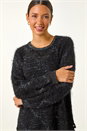 Black Fluffy Knit Fringe Hem Jumper, Image 4 of 5