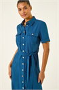 Navy  Button Belted Collared Shirt Dress, Image 3 of 4