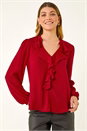 Red Satin Ruffle Neck Blouse, Image 4 of 5