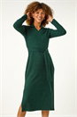 Dark Green Stretch Ribbed Knit Midi Dress, Image 4 of 5