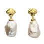 Gold Gold Plated Shell Stud With Natural Keshi Pearl Drop Modern Earrings, Image 1 of 1