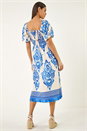 Blue Abstract Print Shirred Midi Dress, Image 4 of 6