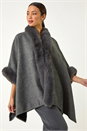 Grey Textured Faux Fur Trim Cape, Image 1 of 5
