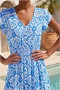 Light Blue  Tile Print Shirred Waist Maxi Dress, Image 4 of 4
