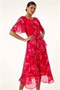 Red Floral Frill High Low Midi Dress, Image 2 of 5