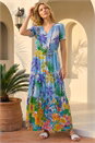 Blue Palm Print Tiered Button Dress, Image 1 of 4