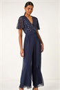 Navy  Embellished Beaded V-Neck Jumpsuit, Image 2 of 5