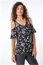 Black Metallic Floral Cold Shoulder Top, Image 2 of 5