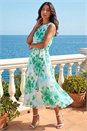 Green Floral Pleated Neck Midi Dress, Image 1 of 4
