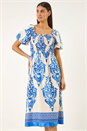 Blue Abstract Print Shirred Midi Dress, Image 5 of 6