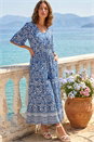 Blue Petite Print Tassel Tie Waist Midi Dress, Image 1 of 4