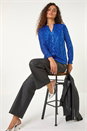 Royal Blue Embellished Sequin Stretch Blouse, Image 1 of 5
