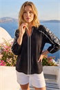 Black Embroidered Sleeve V-Neck Top, Image 1 of 4