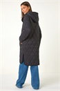 Black Iridescent Diamond Quilted Hooded Coat, Image 3 of 7