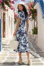 Blue Petite Floral Tie Front Stretch Midi Dress , Image 2 of 4