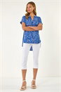 Royal Blue Abstract Print V-Neck Stretch Top, Image 2 of 5