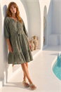 Khaki Cotton Broderie Tiered Smock Dress, Image 1 of 4