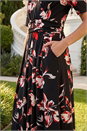 Red Floral Print Wrap Midi Stretch Dress, Image 4 of 4