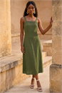 Khaki Linen Blend Lace Trim Midi Dress, Image 2 of 4