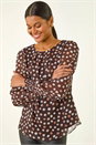 Chocolate Spot Print Shirred Cuff Top, Image 4 of 5