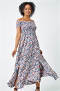 Blue Petite Floral Shirred Bardot Maxi Dress, Image 2 of 5