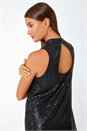 Black Feather Trim Sequin Halter Neck Stretch Dress, Image 6 of 6
