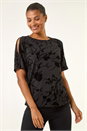 Black Floral Flocked Stretch Top, Image 1 of 5