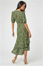 Khaki Ditsy Floral Frill Hem Midi Dress, Image 2 of 4