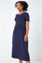 Navy Petite Gathered Waist Midi Stretch Dress, Image 1 of 5