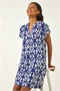 Navy Aztec Print Linen Blend Shift Dress, Image 1 of 5
