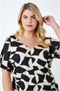 Black Curve Geometric Print V-Neck Blouson Top, Image 4 of 5